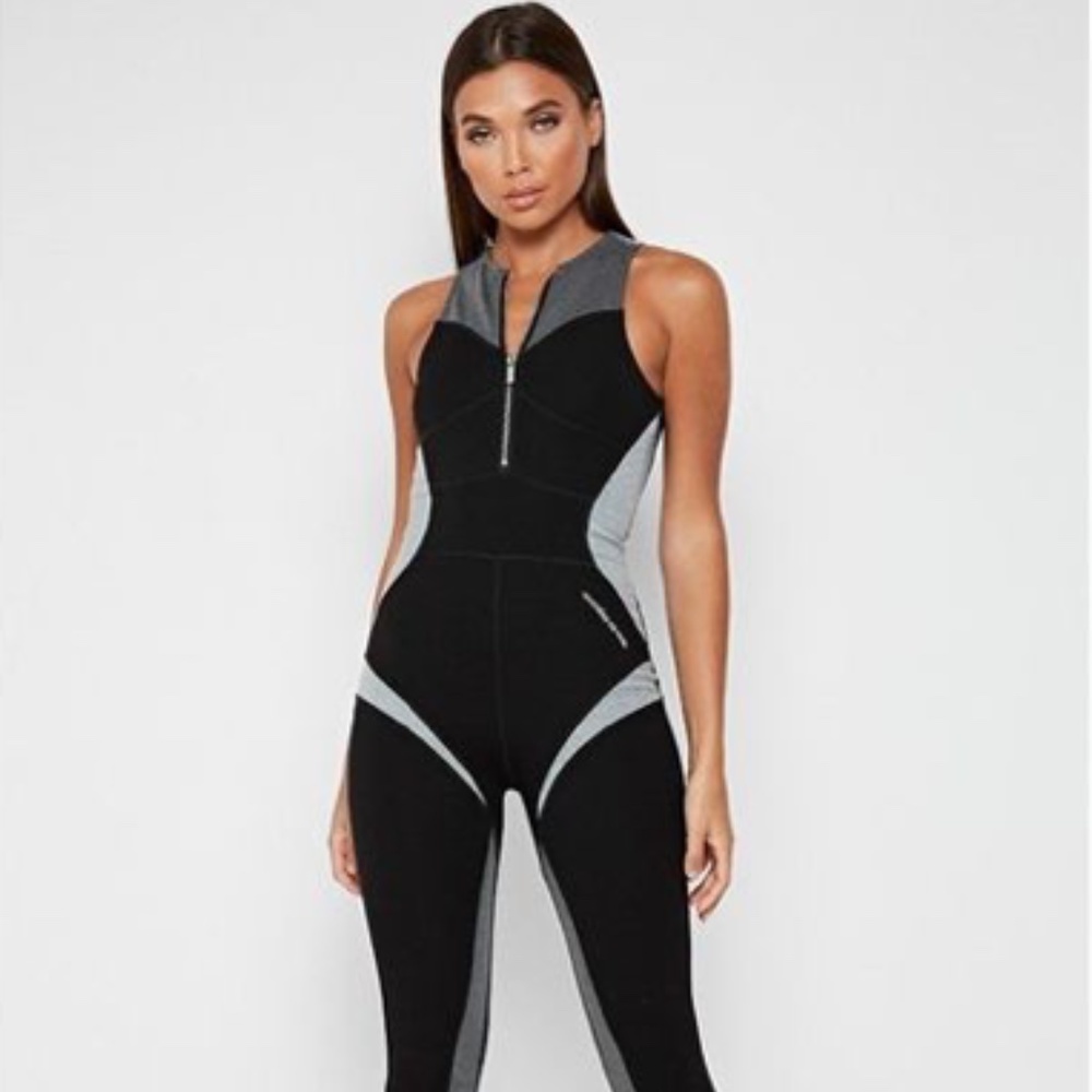 Maniere De Voir Color Block Sleeveless Jumpsuit Black & Grey Half Zip UK 8 US 4